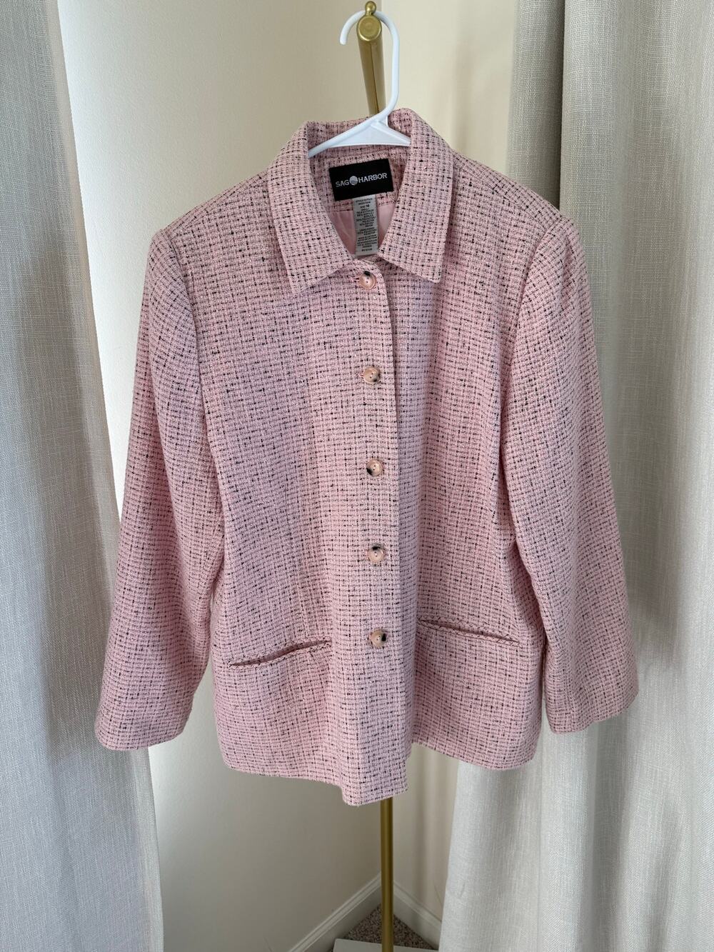 Sag Harbor Tweed Blazer Jacket Women's SZ 16 Pink Classic Long Sleeves Collared